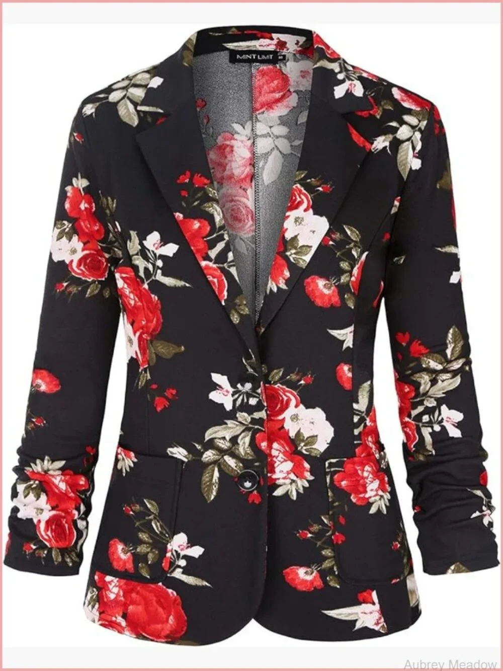 3/4 Ruched Sleeve Blazer Button Front Office Jacket Suit Pockets